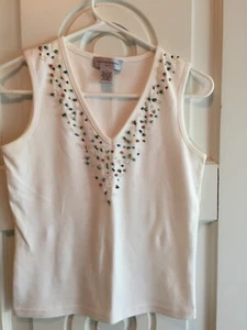 Women's Sutton Studio White Cotton Tank Top Size Petite Multicolor Bead Accents - Picture 1 of 8