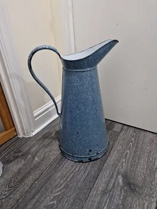 Large Vintage Blue/white enamel jug / pitcher, ideal for cut flowers 18" - Picture 1 of 18