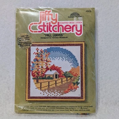 Jiffy Stitchery HOJAS DE OTOÑO Kit de punto de cruz contado 1979 Nuevo de Lote Antiguo Algodón 5x5”  Foto 1 de 2