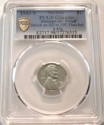 1943 S 1C PCGS AU DT ERROR Lincoln Cent Struck on Silver Dime 10C Planchet Steel - Image 1 of 4