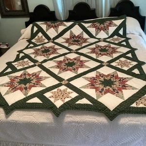8 Point Star Quilt Twin 62" x 79" Green Burgundy Patchwork Needs small Repair - Picture 1 of 12