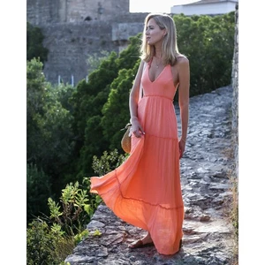 Abercrombie & Fitch Womens Small Coral Halter Tiered Maxi Dress Sleeveless Beach - Picture 1 of 12