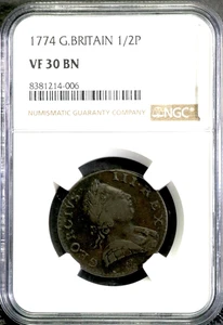 1774 Great Britain 1/2P Half Penny - NGC VF 30 BN  CC793 - Picture 1 of 4