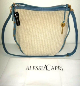 ALESSIA CAPRI Women's Tote Shoulder Bag Textile Blue Leather Gold MADE IN ITALY - Picture 1 of 12