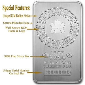 10 oz Royal Canadian Mint (RCM) .9999 Fine Silver Bar Sealed - In Stock - Picture 1 of 3