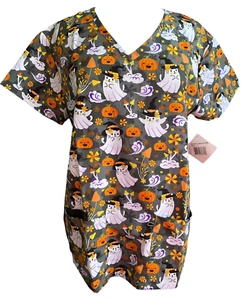 Womens Divine Scrubs Top Halloween Kitties Cats Theme Size XL- NEW - Picture 1 of 9