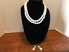 Crown Trifari Mold Seam White Double Strand Necklace w/ Matching Clip-OnEarrings