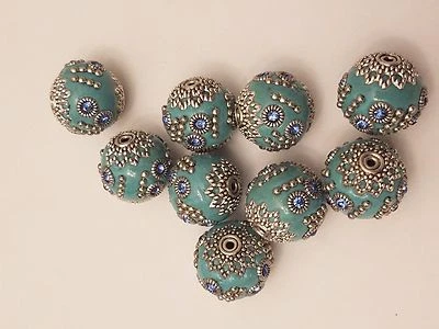 Handmade Indonesia Round Blue / antique silver Bead with Alloy Core 15mm  - Image 1 of 4