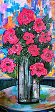 "PINK FLOYDS"  by Laura Mostaghel  Original Acrylic-Oil, Signed, Canvas 10"X20"
