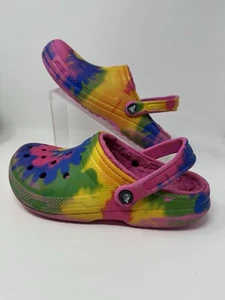 Crocs Classic Tie Dye Rainbow Bright Pink Fleece Lined Clogs Men 7 Women 9 M7/W9 - Picture 1 of 14