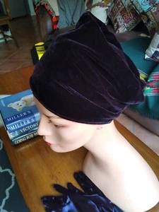 Aubergine Purple Velvet Turban And Matching Silky Stretchy Gloves,SML Head - Picture 1 of 8