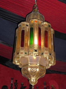 Chandelier Pendant Light Morocan Brass Multicolor StainedGlass 3ft4 Used Vintage - Picture 1 of 22