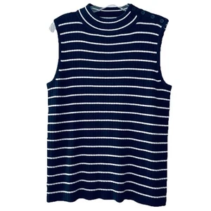 Talbots Women Large Petite Size LP Navy Blue Striped Nautical High Neck Top - Picture 1 of 6