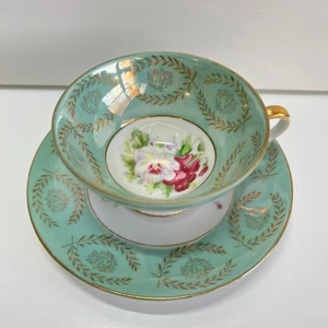 Vintage Royal Sealy Japan Tea Cup & Saucer Set Mint Green Purple Pansy Floral - Picture 1 of 7
