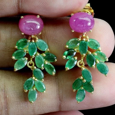 925 Sterling Silver Earrings Oval Ruby 9x7mm Emerald Natural Gemstone Jewelry - Image 1 of 4