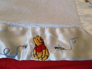 Blanket Vintage Disney Winnie the Pooh Baby Plush Embroidered Satin Edge & Back - Picture 1 of 9