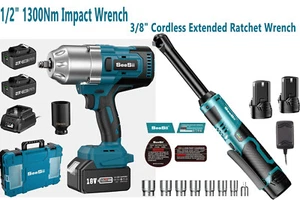 Cordless Combo Tool Kit Brushless 1300NM 1/2 Impact Wrench,3/8“ Ratchet Wrench - Picture 1 of 20