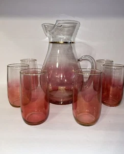 Vintage MCM Blendo Cranberry Glass Pitcher and 6 Glasses Set West Virginia Glass - Picture 1 of 17