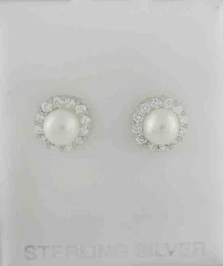 GENUINE PEARL & LAB WHITE SAPPHIRE EARRING .925 SILVER - NWT - SCREW BACKS - Picture 1 of 4