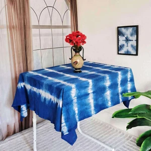 Tischdecke mit gestreifter Krawatte, handgefärbte Baumwolle Shibori, natürliche Pflanze Indigo, 44 Zoll - Bild 1 von 7