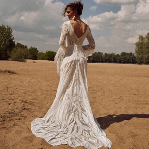 V Neck Lace Wedding Dresses Flare Sleeves Ruffles Tassels Backless Bridal Gowns - Picture 1 of 8