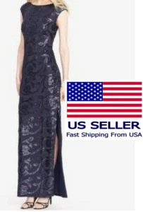 WOMENS 6 LAUREN SLEEVELESS SIDE SLIT FLORAL SEQUINED FORMAL EVENING GOWN, VIOLET - Picture 1 of 7