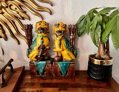 Vintage Chinese Majolica Porcelain Foo Dogs Sculptures, Yellow, Green and Brown - Image 1 of 4