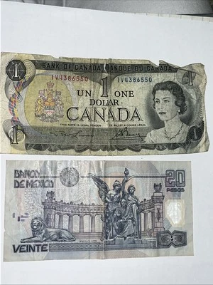 Mexico 2005 20 Pesos & Canada 1973 1 Dollar - 2 notes - Free Shipping - Image 1 of 2