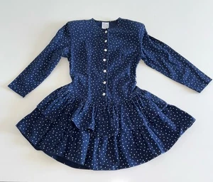 Vintage 90's Byer Too! Navy Blue Polka Dot Dress Tiered Ruffle Hem Cotton Twill - Picture 1 of 9