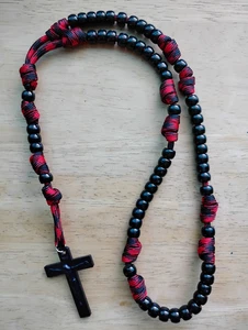Black Beads Black & Red Striped Paracord Rosary Beads 2" Black Crucifix - Picture 1 of 2