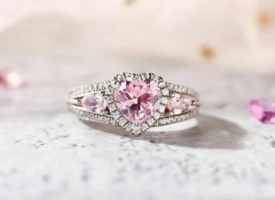 Heart Cut Simulated Pink Sapphire Engagement Band Ring In 14k White Gold Plated - Image 1 of 4