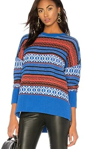 NWT BCBG Max Azria Oversized High Low Jacquard Sweater Electric Blue Combo L - Picture 1 of 12