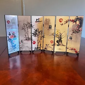 Mini Oriental Room Screen Divider 6 Panel Chinese Lacquer Folding Home Decor - Picture 1 of 6
