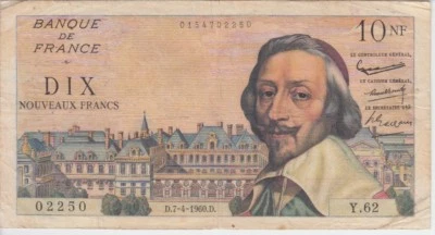 FRANCE BANKNOTE P.142-2250 10 N.F. D.7-4- 1960 Y.62, F-VF                   2001 - Image 1 of 2