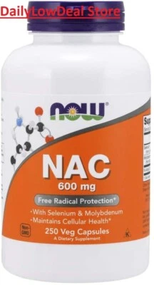 NOW Foods NAC, 600 мг, 250 растительных капсул без ГМО, кошерные - Изображение 1 из 4