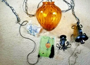 Vintage Amber Hand Blown Glass Swag Ceiling Globe Lite Light 7498M Spain  - Picture 1 of 12