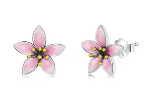 BOUCLES D'OREILLES ARGENT 925 FLEURS DE CERISIER CHERRY BLOSSOM SAKURA ROSE - Imagen 1 de 6