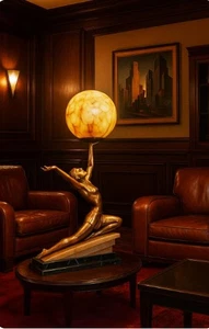 Figural lamp art deco dancer gilt spelter vintage globe shade C1930s marble base - Picture 1 of 23