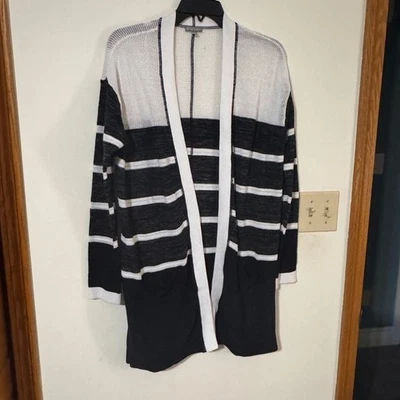 Cárdigan largo suéter T by Talbots para mujer negro blanco a rayas frente abierto talla S Foto 1 de 4