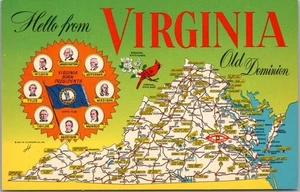 c1960s VIRGINIA Postcard 8 Presidents / State Highway Map - Mirro-Krome UNUSED - Picture 1 of 2
