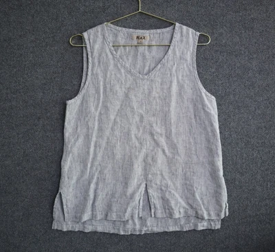 Camiseta sin mangas de lino para mujer pequeña gris a rayas lino de gran tamaño campesina dividida usada en excelente estado Foto 1 de 4