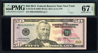 Fr. 2132-B (MBD Block) 2013 $50 New York Note PMG Superb Gem Unc 67 EPQ - Image 1 of 2