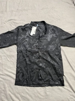 Chinese Dragon Shirt Mens Large Satin Brocade Kung Fu Button Up Martial Arts - Image 1 of 4