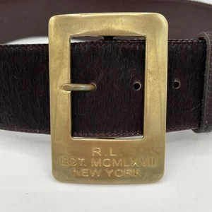 RALPH LAUREN Belt Vintage Brown Wide Calf Hair Brass Logo Buckle Size M - Picture 1 of 10