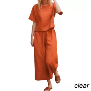 Womens 2pcs Cotton Linen Summer Tracksuit Sets T Shirt Tops Long Pants Outfit SZ - Picture 1 of 25