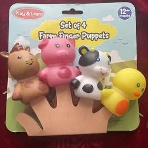 Juego de 4 marionetas de dedo de granja Play & Learn nuevas en tarjeta caballo cerdo vaca pollito - Imagen 1 de 10