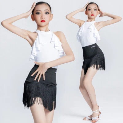 Girls Ballroom Latin Dance Costume Sleeveles Tops Tassel Skirt Dancewear Skirt - Image 1 of 4