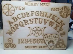 16" Wooden Ouija Board & Planchette w/ Wiccan Symbols Engraved On Wood - Picture 1 of 12
