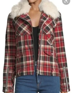 $1195 RAG & BONE Etiene Shearling Collar Jacket Red Black Plaid STUNNING! XS 2 4 - Picture 1 of 18