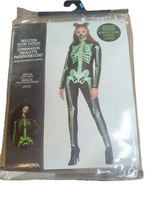 Black & Bone Catsuit Glow Skeleton Sexy Dress Up Halloween Adult Costume L/XL - Picture 1 of 2